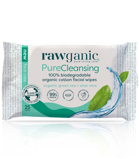 Refreshing Facial Wipes, Fragrance-Free Biodegradable Organic Cotton Wipes with Aloe Vera and Green Tea (25-Count), Packaging May Vary