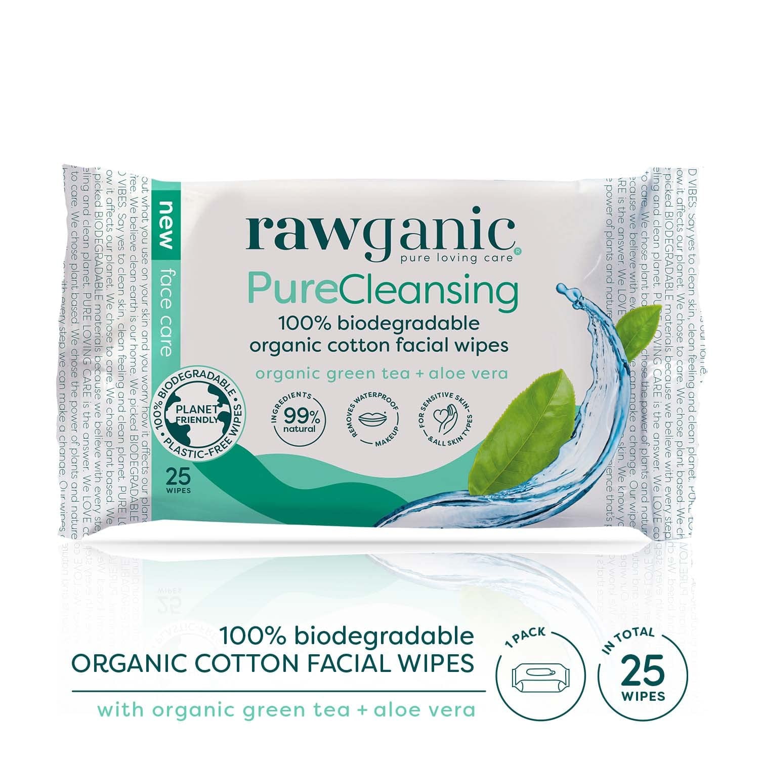 Refreshing Facial Wipes, Fragrance-Free Biodegradable Organic Cotton Wipes with Aloe Vera and Green Tea (25-Count), Packaging May Vary